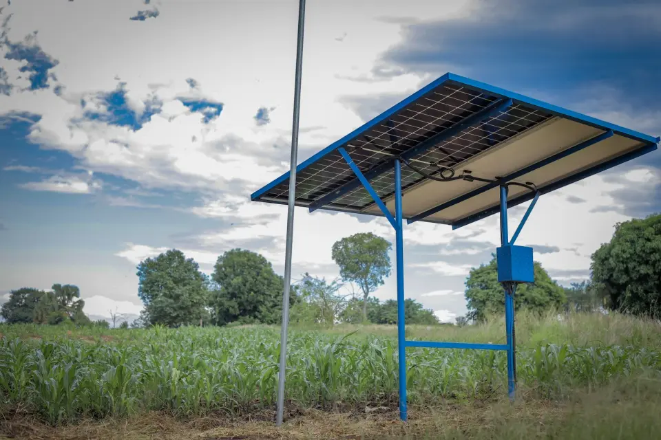 Solar-powered irrigation above a maize crop at a BetterLife-supported site in Yumbe, Uganda