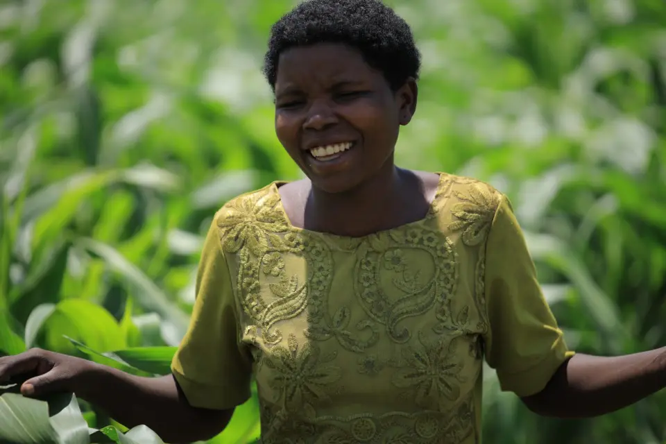 A woman laughing in a maize field