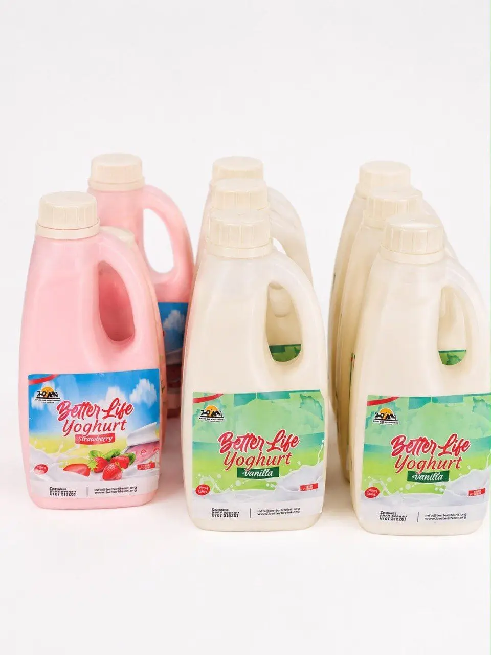 Bottles of BetterLife strawberry and vanilla yoghurt